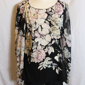White House Black Market Floral Print Long Sleeve Blouse Women's Large